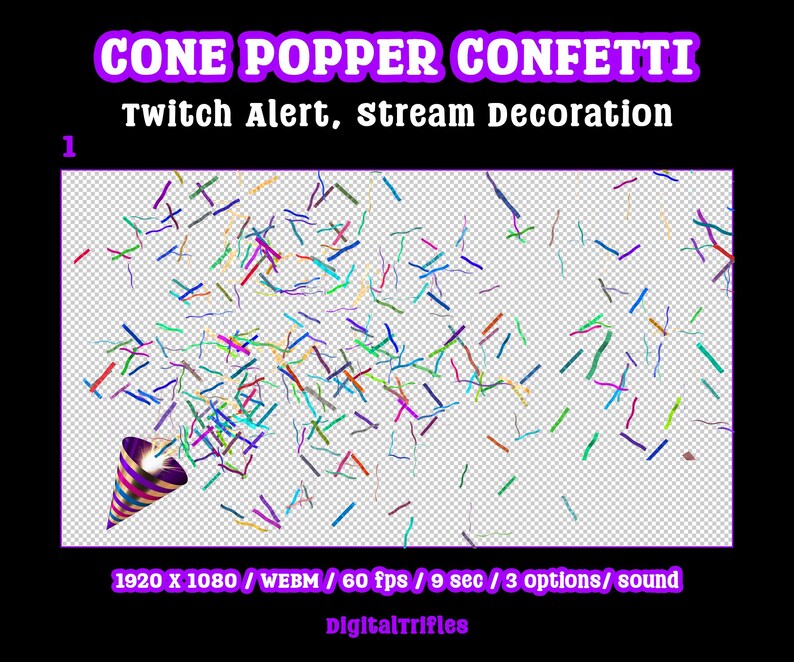 Animated confetti cannon stream alert for streamers and VTubers — WEBM with transparent background and sound, 3 layout options