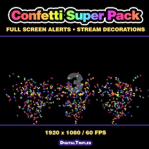 3D multicolor confetti Twitch alerts and fullscreen stream overlays. A high-value pack offering a wide range of confetti animations in one set. A fun and lively overlay for streamers and VTubers to celebrate stream activity, events, and goals, new followers, subs, donations, raids, and more.
This set includes 10 variations with different directions and behaviors — top, bottom, center, and corner bursts, single and multi-shot effects, plus a smooth loop