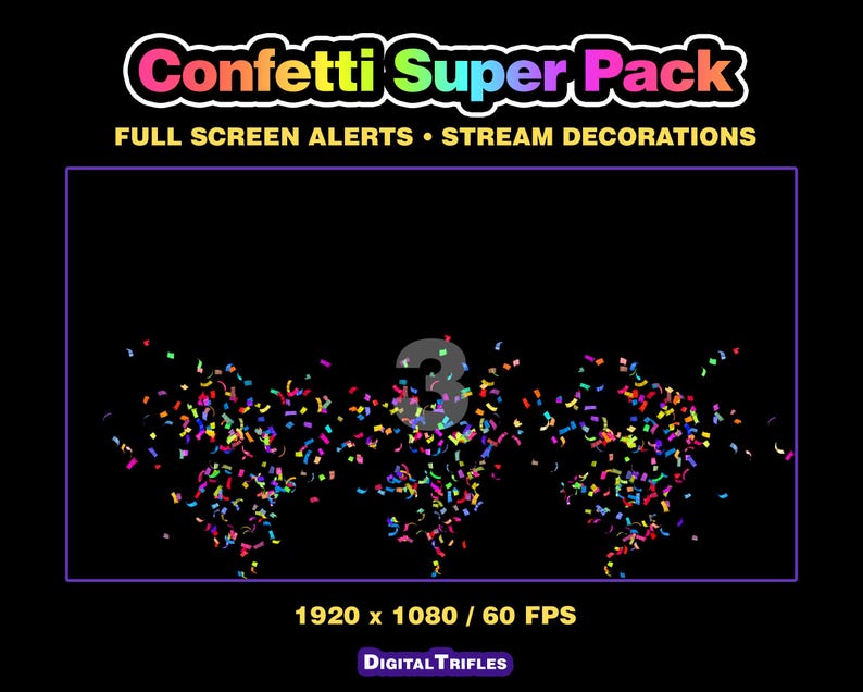 3D multicolor confetti Twitch alerts and fullscreen stream overlays. A high-value pack offering a wide range of confetti animations in one set. A fun and lively overlay for streamers and VTubers to celebrate stream activity, events, and goals, new followers, subs, donations, raids, and more.
This set includes 10 variations with different directions and behaviors — top, bottom, center, and corner bursts, single and multi-shot effects, plus a smooth loop