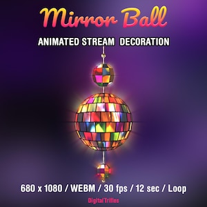 Disco ball Twitch overlay with a rotating mirror ball and sparkling light reflections. Animated loop stream decoration with transparent background, designed for music streams, dancing, karaoke, gaming, and Just Chatting