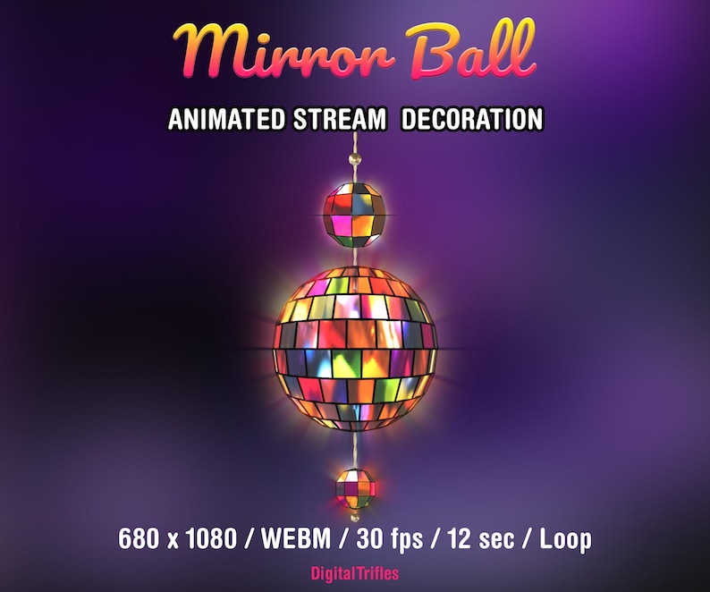 Disco ball Twitch overlay with a rotating mirror ball and sparkling light reflections. Animated loop stream decoration with transparent background, designed for music streams, dancing, karaoke, gaming, and Just Chatting
