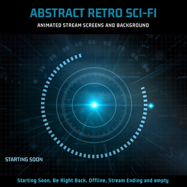 Stream Screens Retro Sci Fi, Abstract Neon Twitch Overlay, Blue Light, Rings Motion, Starting Soon, BRB, Vtuber Background