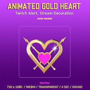 Gold Heart 3D Animated Twitch Stream Alert, Decoration Streamers and Vtubers, New Subscriber, Follover, Donation, Cheer, Transparent, Sound