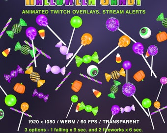 May include: Animated Halloween candy Twitch overlays and stream alerts. The image shows a variety of colorful candy, including lollipops, wrapped candies, and candy corn. The text "HALLOWEEN CANDY" is at the top of the image. The text "1920 x 1080 / WEBM / 60 FPS / TRANSPARENT" is at the bottom of the image. The text "3 options - 1 falling x 9 sec. and 2 fireworks x 6 sec." is below the previous text. The text "DIGITALTRIFLES" is at the bottom of the image.