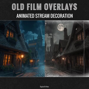 Animated vintage film Twitch or YouTube stream overlays with old movie texture and retro cinema effects. Loop stream decoration with transparent background. This pack includes 2 seamless loop overlays inspired by aged film stock, featuring scratches, dust, flicker, and analog projector atmosphere