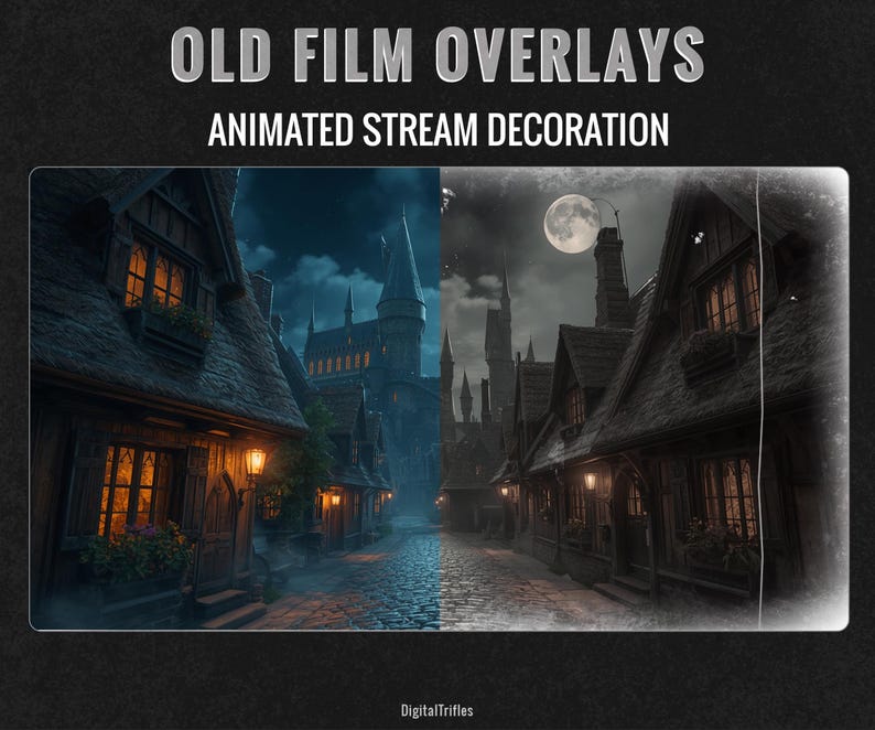 Animated vintage film Twitch or YouTube stream overlays with old movie texture and retro cinema effects. Loop stream decoration with transparent background. This pack includes 2 seamless loop overlays inspired by aged film stock, featuring scratches, dust, flicker, and analog projector atmosphere