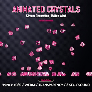 Puede incluir: Imagen promocional de cristales animados para la decoración de streams, con el texto "ANIMATED CRYSTALS" en rosa. La imagen presenta numerosos cristales rosas facetados sobre un fondo oscuro. También se ve el texto "Stream Decoration, Twitch Alert".