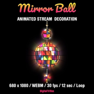 Disco ball Twitch overlay with a rotating mirror ball and sparkling light reflections. Animated loop stream decoration with transparent background, designed for music streams, dancing, karaoke, gaming, and Just Chatting