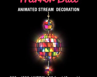 May include: Animated stream decoration featuring three mirror balls. The top text reads "Mirror Ball" in a gradient pink and yellow font. The middle ball is the largest and has a colorful mosaic design. The bottom text reads "ANIMATED STREAM DECORATION".