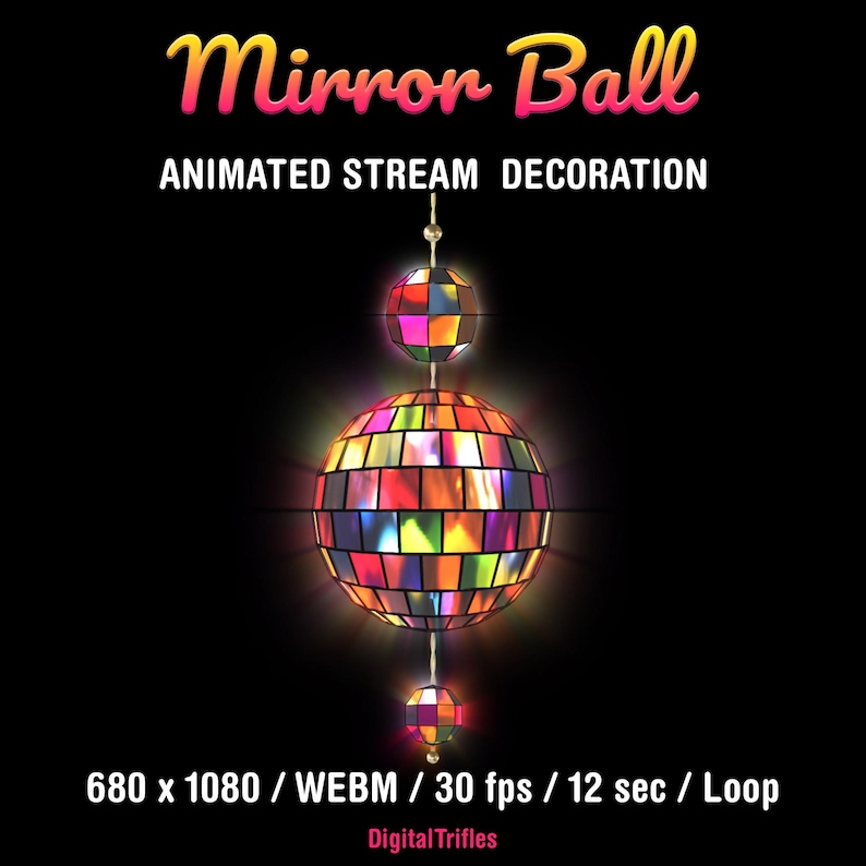 Disco ball Twitch overlay with a rotating mirror ball and sparkling light reflections. Animated loop stream decoration with transparent background, designed for music streams, dancing, karaoke, gaming, and Just Chatting