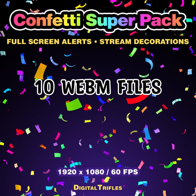 3D multicolor confetti Twitch alerts and fullscreen stream overlays. A high-value pack offering a wide range of confetti animations in one set. A fun and lively overlay for streamers and VTubers to celebrate stream activity, events, and goals, new followers, subs, donations, raids, and more.
This set includes 10 variations with different directions and behaviors — top, bottom, center, and corner bursts, single and multi-shot effects, plus a smooth loop