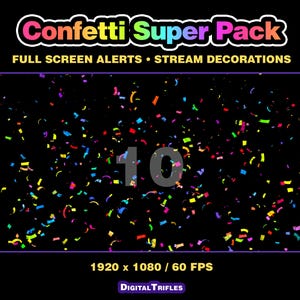 3D multicolor confetti Twitch alerts and fullscreen stream overlays. A high-value pack offering a wide range of confetti animations in one set. A fun and lively overlay for streamers and VTubers to celebrate stream activity, events, and goals, new followers, subs, donations, raids, and more.
This set includes 10 variations with different directions and behaviors — top, bottom, center, and corner bursts, single and multi-shot effects, plus a smooth loop
