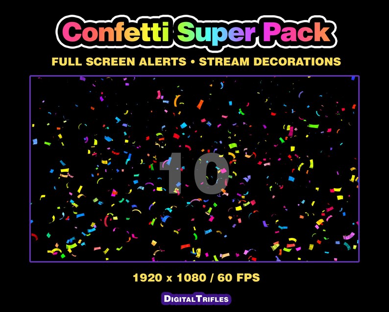 3D multicolor confetti Twitch alerts and fullscreen stream overlays. A high-value pack offering a wide range of confetti animations in one set. A fun and lively overlay for streamers and VTubers to celebrate stream activity, events, and goals, new followers, subs, donations, raids, and more.
This set includes 10 variations with different directions and behaviors — top, bottom, center, and corner bursts, single and multi-shot effects, plus a smooth loop