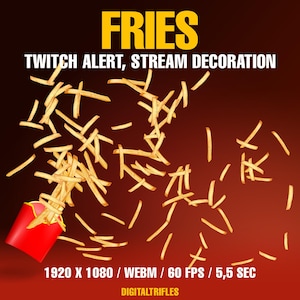 Könnte beinhalten: Animiertes GIF von Pommes Frites, die aus einem roten und weißen Papierbehälter auf einem roten Hintergrund fallen. Der Text "FRIES" befindet sich oben im Bild in gelben Buchstaben. Der Text "TWITCH ALERT, STREAM DECORATION" befindet sich unter dem Wort "FRIES". Der Text "1920 X 1080 / WEBM / 60 FPS / 5,5 SEC" befindet sich unten im Bild. Der Text "DIGITALTRIFLES" befindet sich unter den Informationen zu Auflösung und Dateityp.