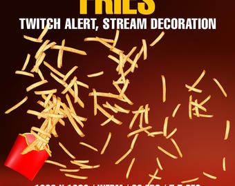 May include: Animated GIF of french fries falling from a red and white paper container against a red background. The text "FRIES" is at the top of the image in yellow letters. The text "TWITCH ALERT, STREAM DECORATION" is below the word "FRIES". The text "1920 X 1080 / WEBM / 60 FPS / 5,5 SEC" is at the bottom of the image. The text "DIGITALTRIFLES" is below the resolution and file type information.