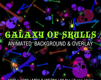 May include: Animated background or overlay featuring a repeating pattern of colorful skulls, bones, and spiders on a black background. The text "GALAXY OF SKULLS ANIMATED BACKGROUND & OVERLAY" is displayed in green. The text "1920 x 1080 / MP4 & WEBM / 60 fps / 9 sec / loop" is displayed in white. The text "DigitalTrifles" is displayed in white.