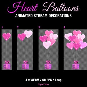 Animated Twitch overlay with pink heart balloons - 4 options - one, two, five and many balloons. Cute stream decoration with a transparent background. Suitable for gaming, live streaming, and just chatting for streamers and VTubers. Bright pink heart-shaped balloons work perfectly as stream decoration for Valentine’s Day, channel anniversaries, birthdays, friendship parties, or weddings