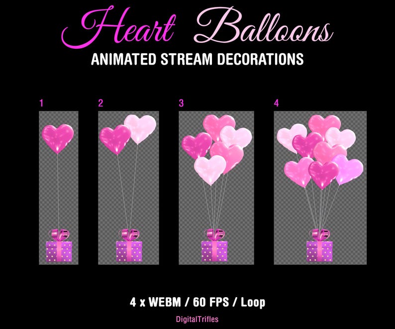 Animated Twitch overlay with pink heart balloons - 4 options - one, two, five and many balloons. Cute stream decoration with a transparent background. Suitable for gaming, live streaming, and just chatting for streamers and VTubers. Bright pink heart-shaped balloons work perfectly as stream decoration for Valentine’s Day, channel anniversaries, birthdays, friendship parties, or weddings