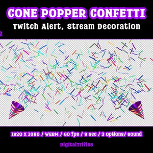 Animated confetti cannon stream alert for streamers and VTubers — WEBM with transparent background and sound, 3 layout options