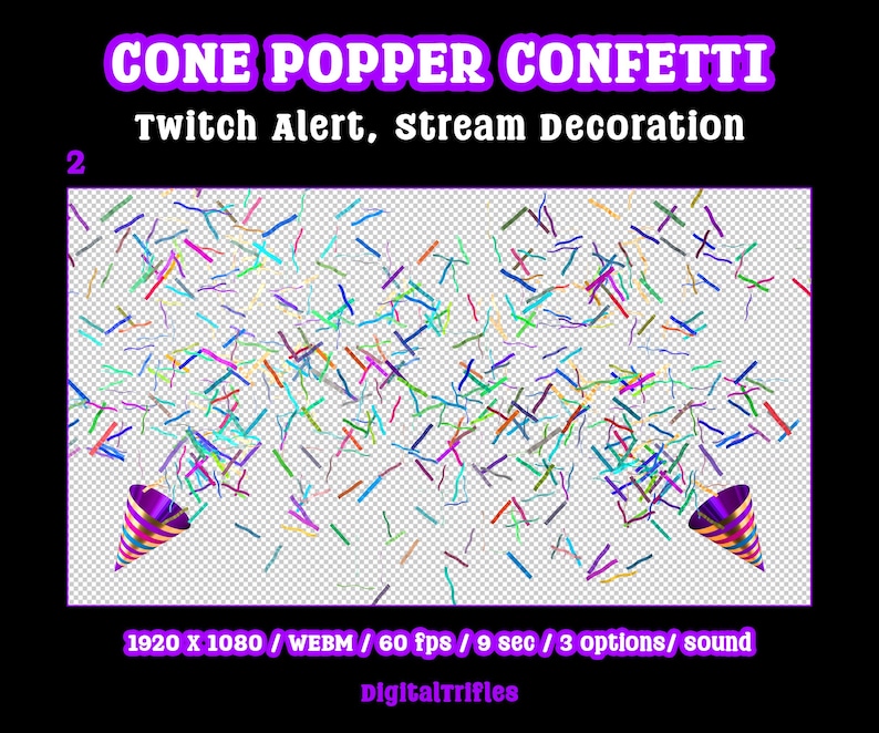 Animated confetti cannon stream alert for streamers and VTubers — WEBM with transparent background and sound, 3 layout options