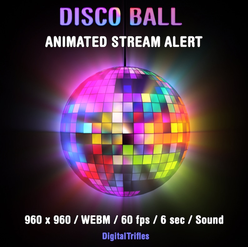 Superposición animada y colorida de Twitch con alerta de bola de discoteca para streamers y Vtubers, fondo transparente y sonido. imagen 1