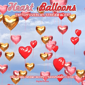 Twitch overlay animated love hearts balloons, cute stream alert, new cheer, donation, follow, subs, Valentines stream decoration