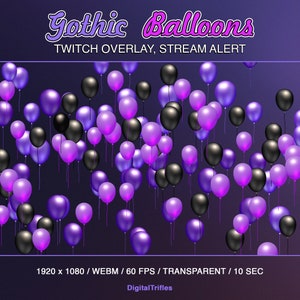 Gothic balloons Twitch overlay, witch stream decoration, purple and black animated alert for streamers and VTubers