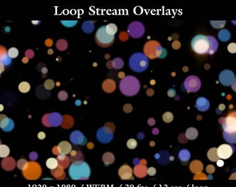 May include: Animated bokeh effect overlay with colorful, blurred circles on a black background. The text reads "4 ANIMATED BOKEH FX Loop Stream Overlays." Additional text indicates the video resolution, format, frame rate, and loop duration.