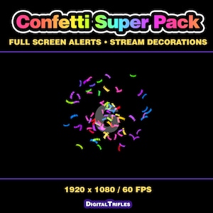 3D multicolor confetti Twitch alerts and fullscreen stream overlays. A high-value pack offering a wide range of confetti animations in one set. A fun and lively overlay for streamers and VTubers to celebrate stream activity, events, and goals, new followers, subs, donations, raids, and more.
This set includes 10 variations with different directions and behaviors — top, bottom, center, and corner bursts, single and multi-shot effects, plus a smooth loop