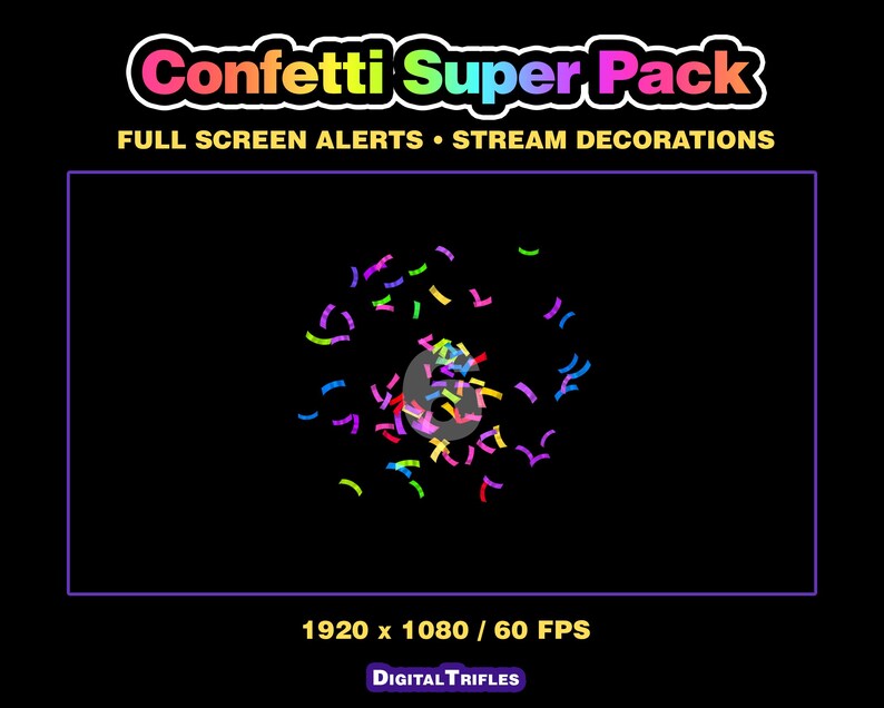 3D multicolor confetti Twitch alerts and fullscreen stream overlays. A high-value pack offering a wide range of confetti animations in one set. A fun and lively overlay for streamers and VTubers to celebrate stream activity, events, and goals, new followers, subs, donations, raids, and more.
This set includes 10 variations with different directions and behaviors — top, bottom, center, and corner bursts, single and multi-shot effects, plus a smooth loop