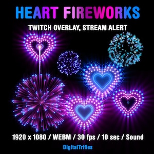 Hartvuurwerk, geanimeerd twitch-alarm, stream-overlay, gloeiend, sprankelend streamingdecor voor OBS-scène, nieuwjaarsviering, met geluid