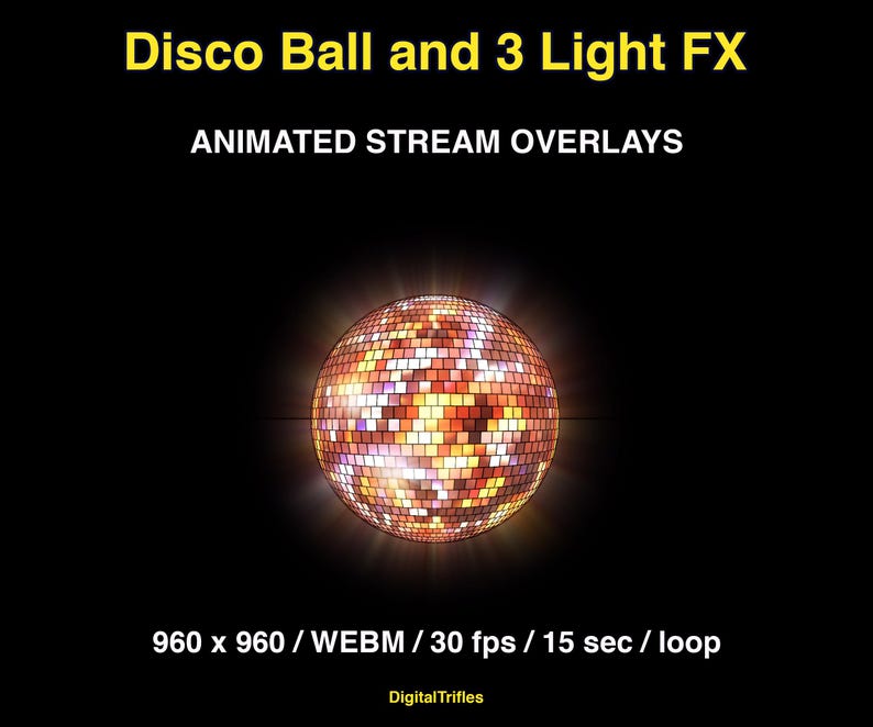 Animated stage light overlay package for streamers and VTubers. This pack brings dynamic light beams and effects, creating a vivid and professional stage look. And also a cool animated disco ball with golden glitter. These seamless, smoothly looping visuals with transparent backgrounds can be used as overlays or backgrounds in your stream setup
