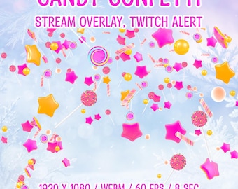 May include: Animated GIF of pink, yellow, and white candy confetti falling against a light blue background. The text "CANDY CONFETTI" and "STREAM OVERLAY, TWITCH ALERT" is at the top of the image. The text "1920 X 1080 / WEBM / 60 FPS / 8 SEC" is at the bottom of the image. The text "Digital Trifles" is below the resolution information.