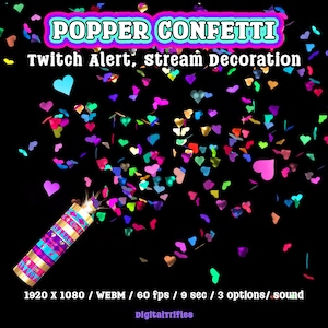 Heart confetti cannon, animated Twitch alert for streamers and VTubers, 3 designs. Suitable for stream celebration moments such as raids, milestones, donations, or special stream events. WEBM format with a transparent background and sound