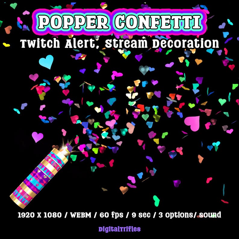 Heart confetti cannon, animated Twitch alert for streamers and VTubers, 3 designs. Suitable for stream celebration moments such as raids, milestones, donations, or special stream events. WEBM format with a transparent background and sound