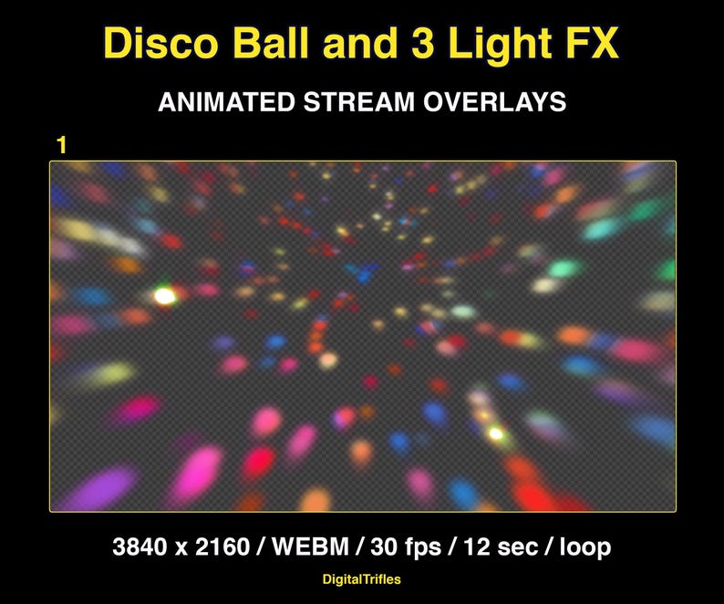 Animated stage light overlay package for streamers and VTubers. This pack brings dynamic light beams and effects, creating a vivid and professional stage look. And also a cool animated disco ball with golden glitter. These seamless, smoothly looping visuals with transparent backgrounds can be used as overlays or backgrounds in your stream setup