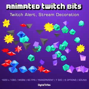Animated Bits stream package, 6 fullscreen Twitch alerts, 3d Bits gems, transparent, new cheer, donate