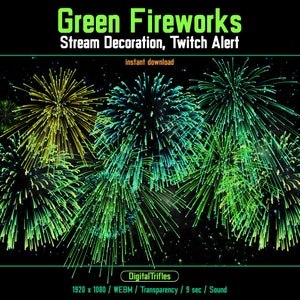 Green Fireworks Twitch Alert, Stream Overlay St Patrick&#39;s Day, Independence Day, Animated Vtuber Asset, Cheer, Transparent, Sound