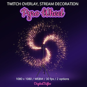 May include: A digital Twitch overlay with a purple and gold Pyro Wheel design. The text "Pyro Wheel" is in a pink and purple font. The overlay is 1080 x 1080 pixels and includes the text "Digital Trifles".