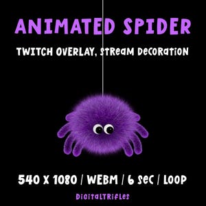 May include: Animated spider Twitch overlay with a fluffy purple body, eight legs, and cartoon eyes, hanging from a white string against a black background. The text reads "ANIMATED SPIDER" and "TWITCH OVERLAY, STREAM DECORATION".