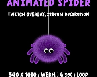 以下が含まれることがあります： アニメーションスパイダーのTwitchオーバーレイ。ふわふわの紫色のスパイダーが、漫画の目の白い糸から黒い背景にぶら下がっています。「ANIMATED SPIDER」と「TWITCH OVERLAY、STREAM DECORATION」と書かれています。