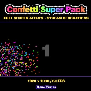 3D multicolor confetti Twitch alerts and fullscreen stream overlays. A high-value pack offering a wide range of confetti animations in one set. A fun and lively overlay for streamers and VTubers to celebrate stream activity, events, and goals, new followers, subs, donations, raids, and more.
This set includes 10 variations with different directions and behaviors — top, bottom, center, and corner bursts, single and multi-shot effects, plus a smooth loop