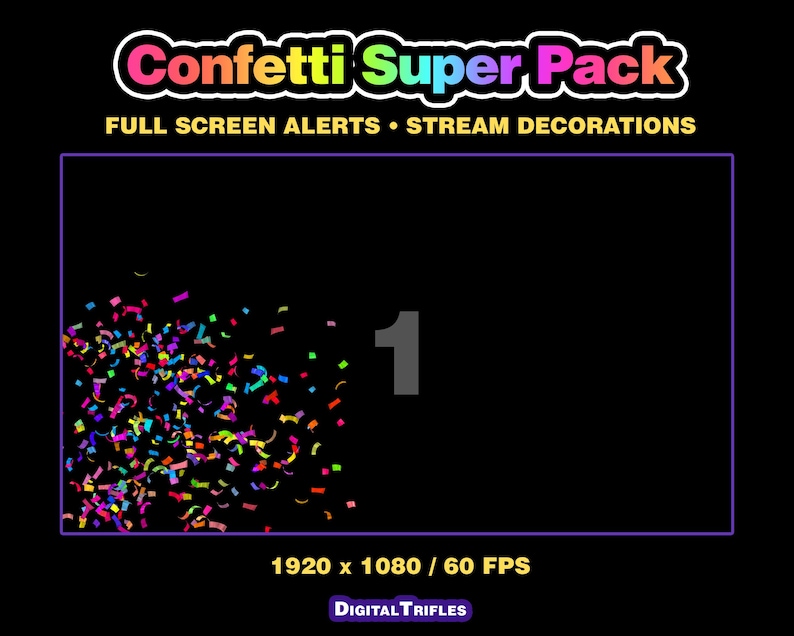3D multicolor confetti Twitch alerts and fullscreen stream overlays. A high-value pack offering a wide range of confetti animations in one set. A fun and lively overlay for streamers and VTubers to celebrate stream activity, events, and goals, new followers, subs, donations, raids, and more.
This set includes 10 variations with different directions and behaviors — top, bottom, center, and corner bursts, single and multi-shot effects, plus a smooth loop