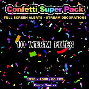 3D multicolor confetti Twitch alerts and fullscreen stream overlays. A high-value pack offering a wide range of confetti animations in one set. A fun and lively overlay for streamers and VTubers to celebrate stream activity, events, and goals, new followers, subs, donations, raids, and more.
This set includes 10 variations with different directions and behaviors — top, bottom, center, and corner bursts, single and multi-shot effects, plus a smooth loop