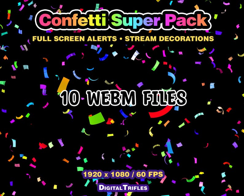 3D multicolor confetti Twitch alerts and fullscreen stream overlays. A high-value pack offering a wide range of confetti animations in one set. A fun and lively overlay for streamers and VTubers to celebrate stream activity, events, and goals, new followers, subs, donations, raids, and more.
This set includes 10 variations with different directions and behaviors — top, bottom, center, and corner bursts, single and multi-shot effects, plus a smooth loop