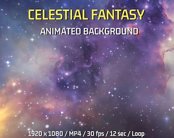 May include: A vibrant animated background featuring a nebula with swirling purple, pink, and yellow hues. The text "CELESTIAL FANTASY ANIMATED BACKGROUND" is displayed in yellow, along with details about the video: "1920 x 1080 / MP4 / 30 fps / 12 sec / Loop". The text "DigitalTrifles" is also displayed in yellow.