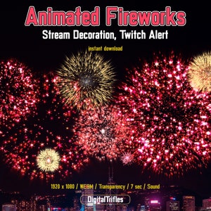 Fuochi d'artificio animati, avviso Twitch, decorazione streaming, risorsa Vtuber a schermo intero, Capodanno, giorno dell'indipendenza, suono