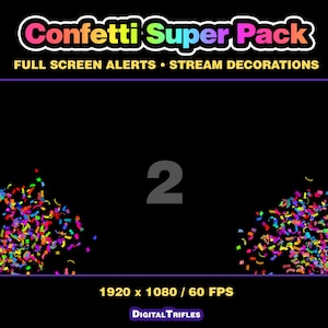 3D multicolor confetti Twitch alerts and fullscreen stream overlays. A high-value pack offering a wide range of confetti animations in one set. A fun and lively overlay for streamers and VTubers to celebrate stream activity, events, and goals, new followers, subs, donations, raids, and more.
This set includes 10 variations with different directions and behaviors — top, bottom, center, and corner bursts, single and multi-shot effects, plus a smooth loop