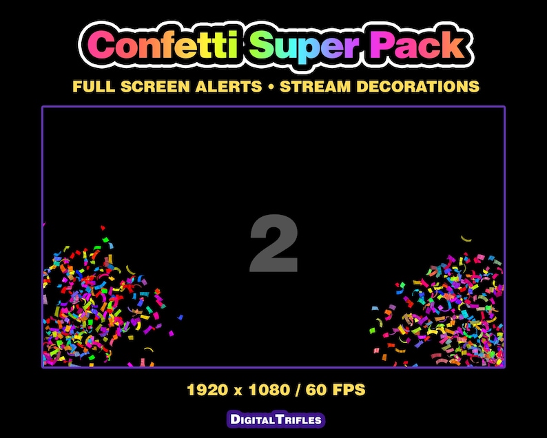 3D multicolor confetti Twitch alerts and fullscreen stream overlays. A high-value pack offering a wide range of confetti animations in one set. A fun and lively overlay for streamers and VTubers to celebrate stream activity, events, and goals, new followers, subs, donations, raids, and more.
This set includes 10 variations with different directions and behaviors — top, bottom, center, and corner bursts, single and multi-shot effects, plus a smooth loop