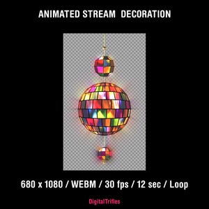Disco ball Twitch overlay with a rotating mirror ball and sparkling light reflections. Animated loop stream decoration with transparent background, designed for music streams, dancing, karaoke, gaming, and Just Chatting
